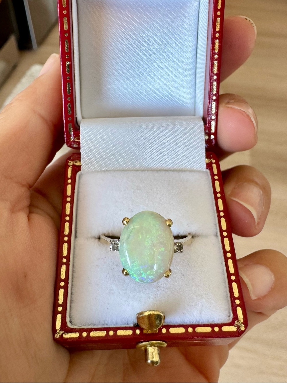 Vintage 14K Gold Australian Opal & Natural Diamond Ring Size 6.5 - Picture 8 of 12